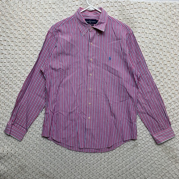 Ralph Lauren Custom Fit Shirt Men's Large Pink Striped Button-Down 100% Cotton - Picture 1 of 9